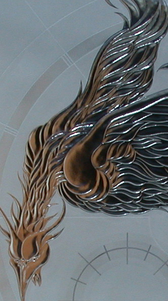 Carved sandblasted and kiln-fired glass, tempered detail shot from "Phoenix", an Art Glass Sculptural doorlite in Victoria BC