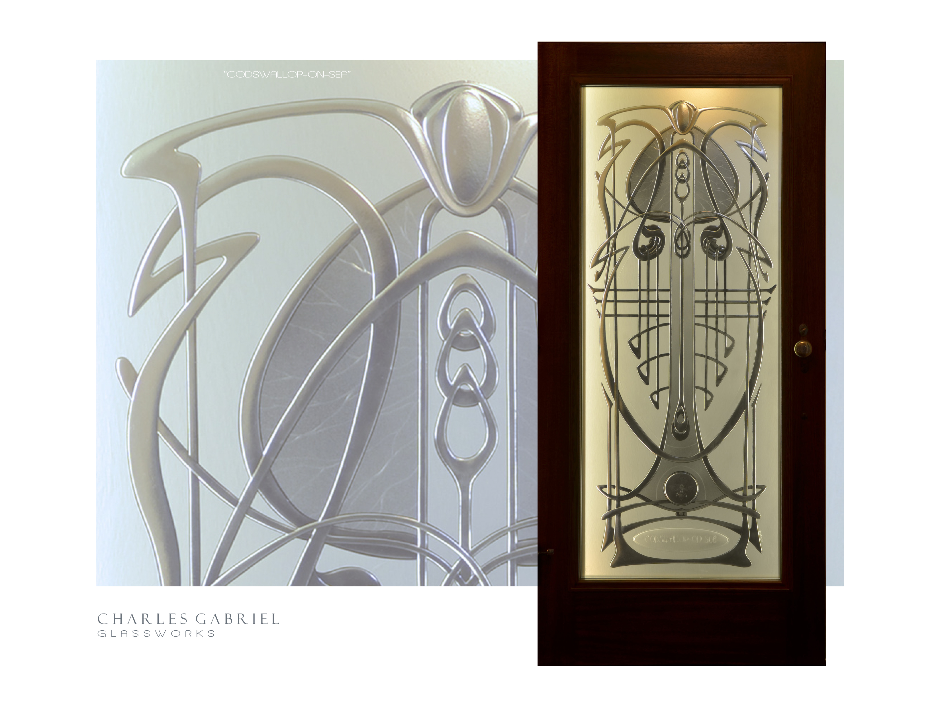 Charles Gabriel_Sculptural Glass_hand-carved and kiln-fired art glass_Codswallop-on-sea_arts & crafts/art nouveau style entry doorlite design in wood door