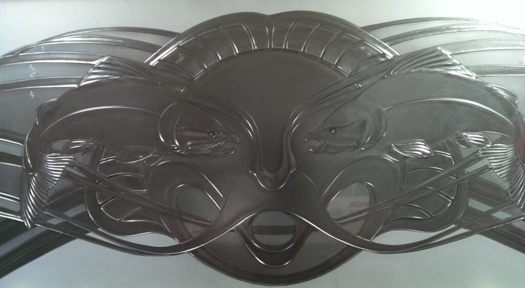 Charles Gabriel_"Salmon Run"_ hand-carved art glass detail from transom portion of architectural entry surround for residence