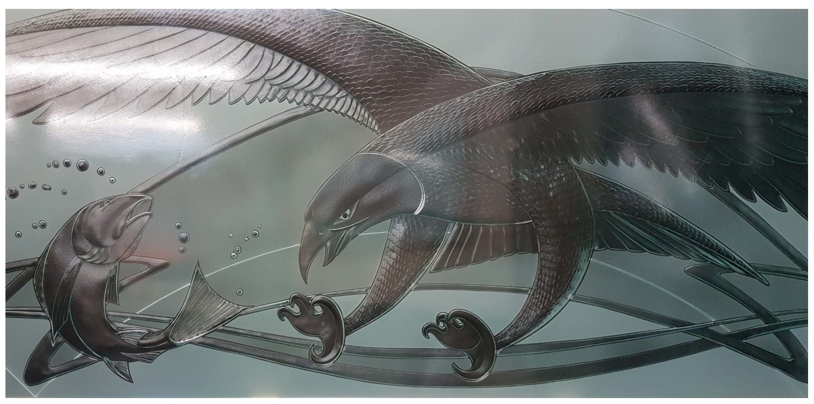 carved-kilnfired-glass-etched-tempered-residential entry-eagle carving-fish glass carving