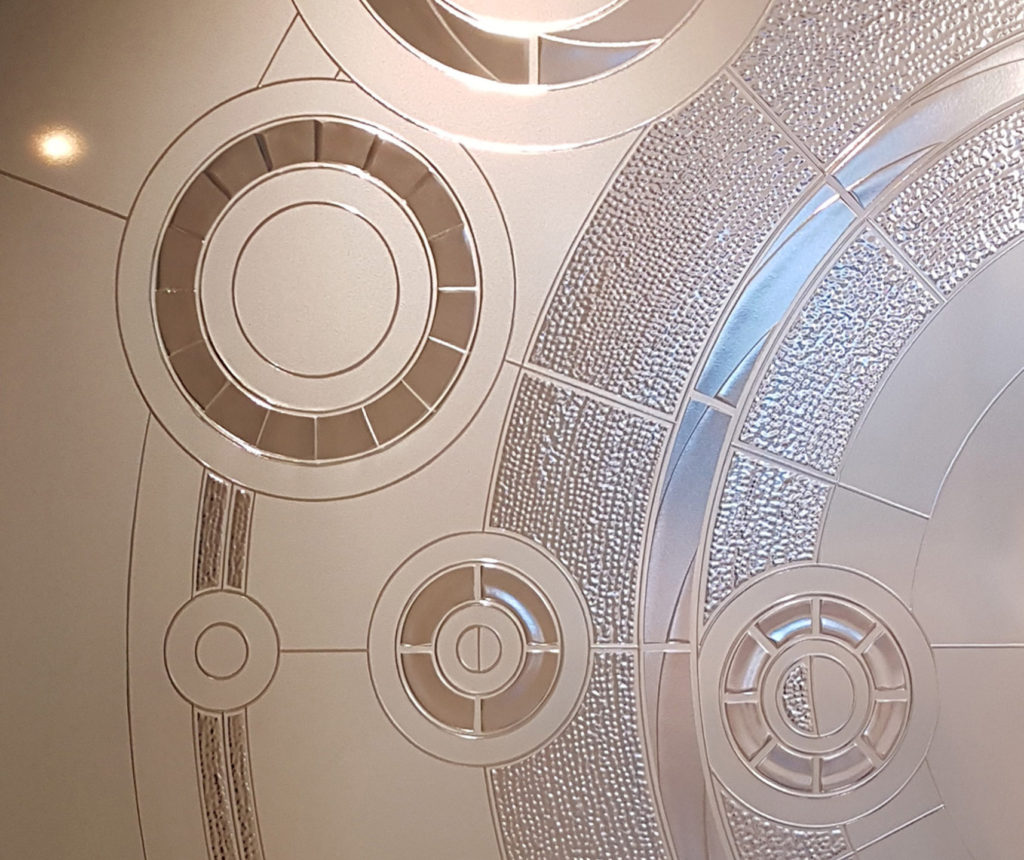 Sandblast carved glass, kiln fired, tempered Satin Etch frit glass "A Table Set For Two" divider (detail)