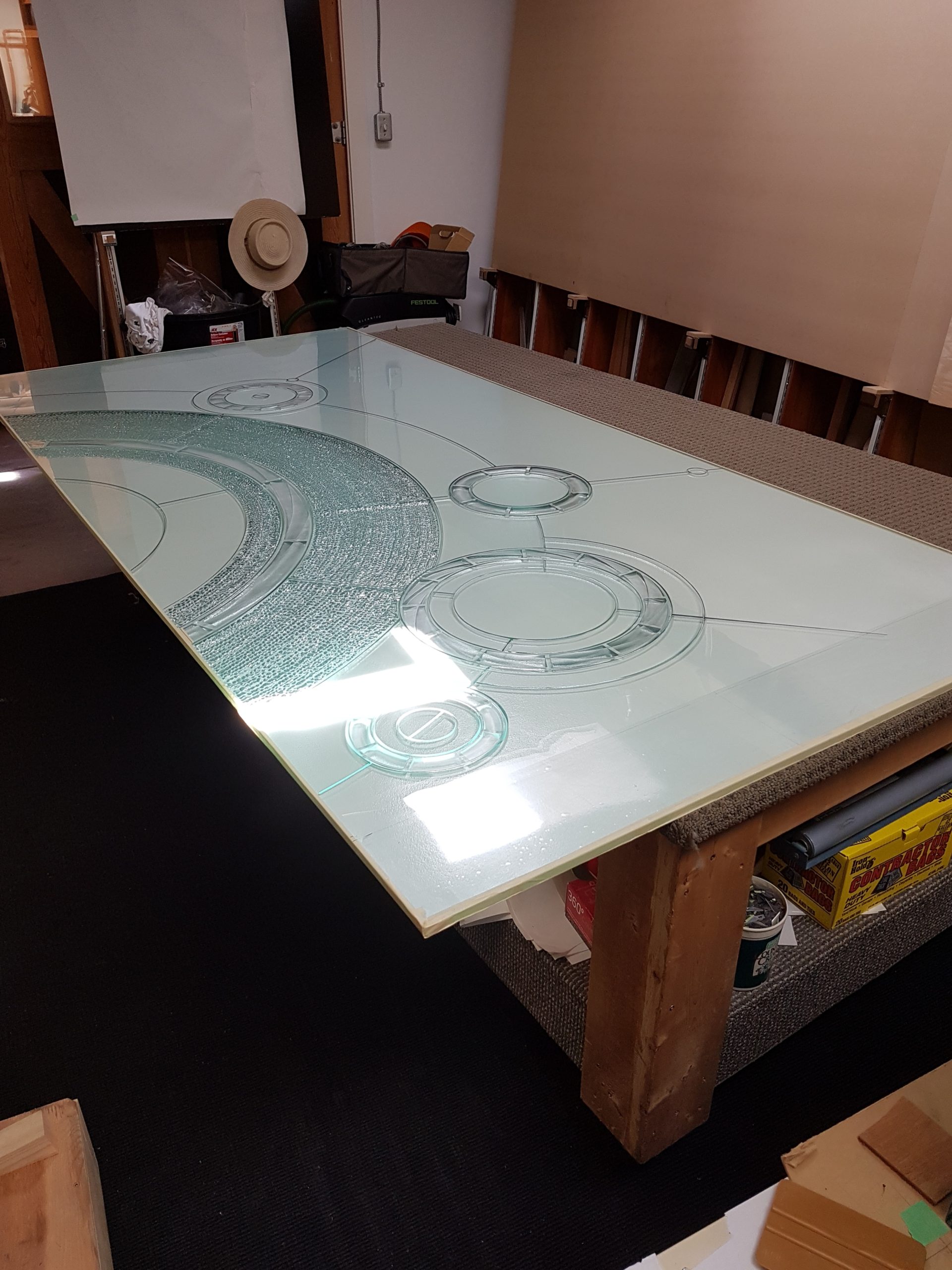 Carved Sandblasted kiln-fired, glass "A Table Set For Two" (first attempt)